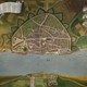 Bij de aanleg van de nevengeul bij Lent is veel archeologisch onderzoek gedaan. Daarbij werden delen van het verdwenen fort Knodsenburg blootgelegd, zoals hier te zien op een vogelvlucht uit 1668, helemaal onderaan. © Via Collectie Gelderland, Museum het Valkhof
