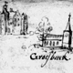 Het kasteel en de dorpskerk afgebeeld op de boskaart van Thomas Witteroos, getekend in 1570. © Heemkundekring Groesbeek, CC-BY-NC