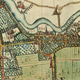 Het plangebied (blauwe cirkel) op een kaart uit 1714. De kenmerkende langgerekte vorm van het stratenpatroon is goed zichtbaar. © Utrechts Archief