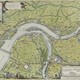 Splitsingspunt van Rijn en Waal bij de Schenkenschans omstreeks 1640. De Waal was toen al een grotere tak dan de Rijn. Rond het splitsingspunt liggen veel fortificaties. Noord is onder. © Atlas van Loon, Joh. Jacobi Schort, ca. 1640
